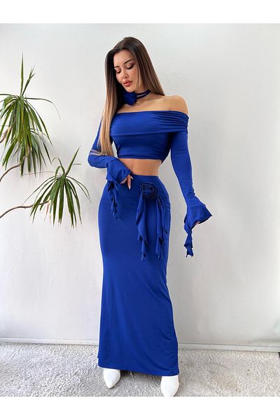 pink life Rochie maxi cu mâneci lungi, cu mâneci lungi, cu umăr dezactivat, cu detaliu de flori