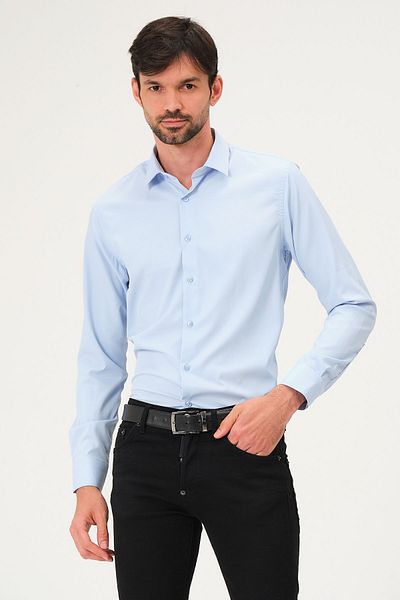 BAYEFENDİ Ανδρικό πουκάμισο Classic Slim Fit Μπλε Σατέν - Κουτί δώρου
