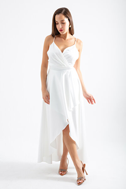 Lafaba Rochie de seară midi din satin, albă, cu guler dublu