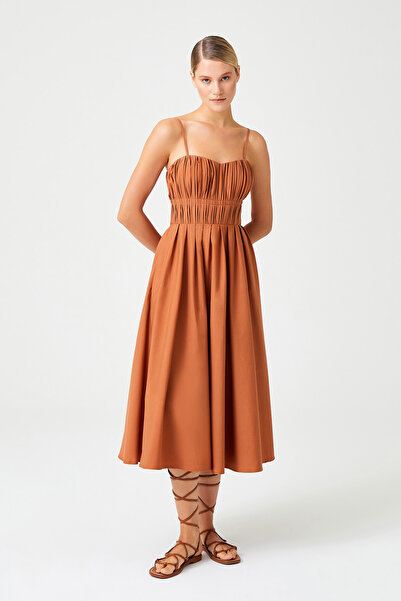 Jus De Pommes KİREMİT DRAPELİ KALP YAKA  MİDİ BOY ELBİSE