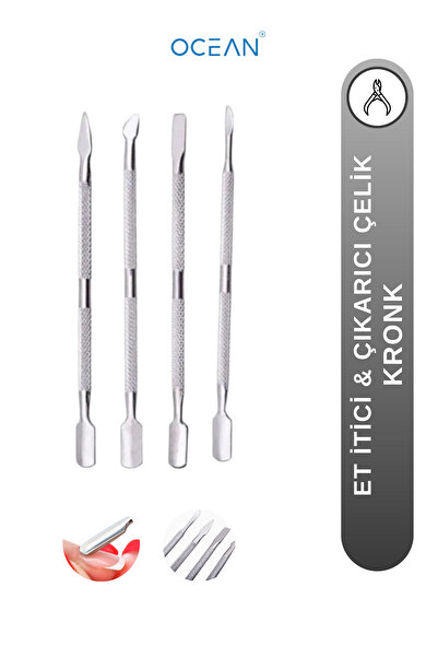 Ocean Manikür Pedikür Seti, Eti Itici, Çıkarıcı 4 Parça Profesyonel Paslanmaz Çelik Kronk
