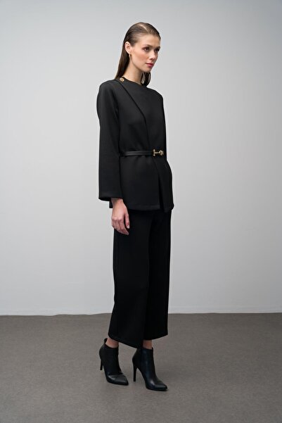 Olcay Búvárszövet övkabát és nadrág szett - FEKETE 9261-TK