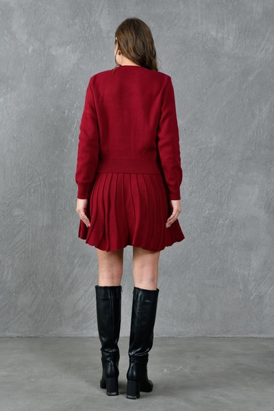 bayansepeti Claret Red Knitwear Stretchy Cardigan and Mini Skirt Set - Buttoned Design 1150