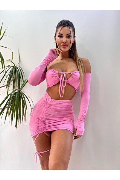 pink life Set din două piese roz fără bretele cu fustă mini cu talie înaltă