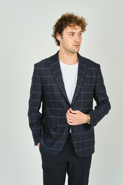 GİO Gio Чоловічий класичний крій у клітинку Regular Fit Вовняний піджак 3435 Темно-синій