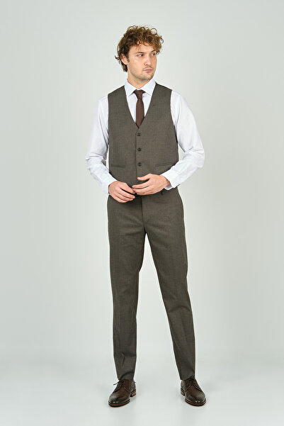 GİO Gio Erkek Regular Fit Mono Yaka Yelekli Takım Elbise 4460 Kahverengi