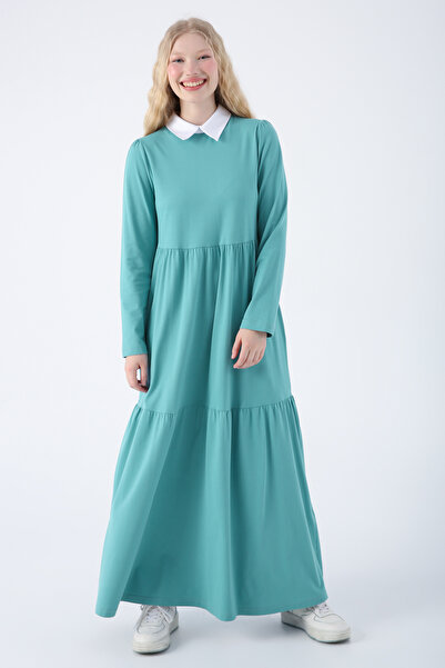 ALLDAY Neptune Blue Cotton Shirt Collar Pocket Ruffle Knitted Dress