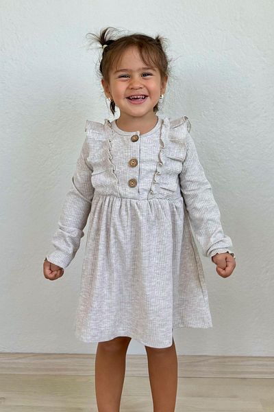 Breeze Girl's Long Sleeve Dress with Frilly Button Detail, Age 1.5-5, Beige Melange