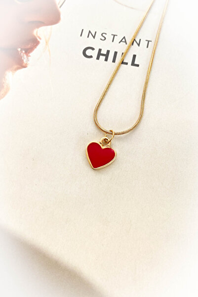 roshel Çelik İnce Zincir Altın Renk Kırmızı Kalp Çelik Kolye