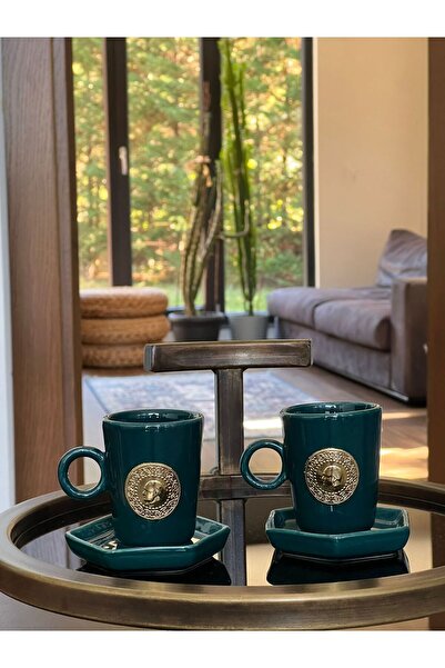 MeGgDecor 2'Lİ 4 Parça Altınlı Ocford Yeşili Fincan Seti