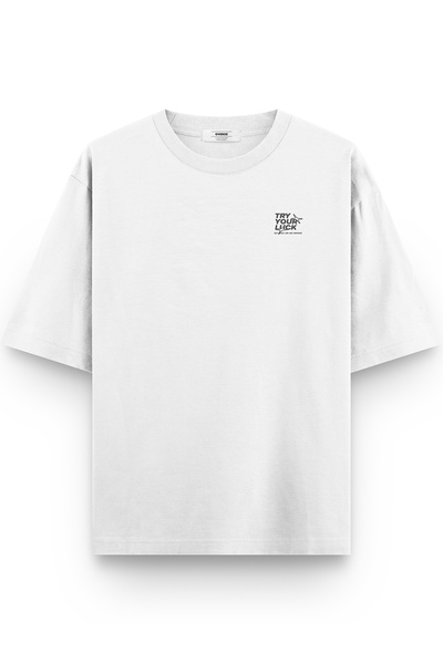 Overoz Δοκιμάστε την τύχη σας Λευκό μπλουζάκι Oversize - Εκτύπωση στην πλάτη, Unisex, Κείμενο 1216