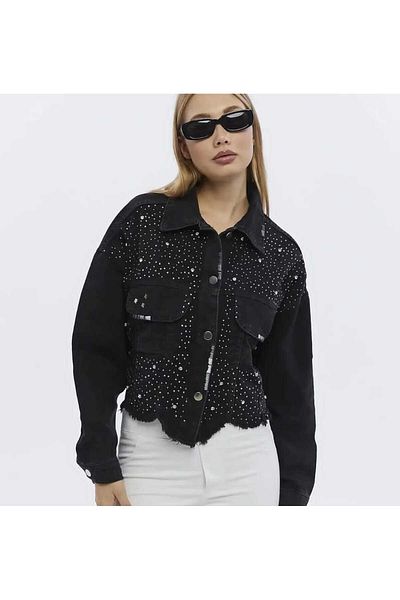 İnci Black Jeans Jacket with Stones