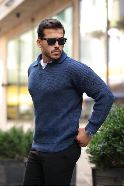 Valiberta Oversize Shirt Collar Thessaloniki Knitted Men's Knitwear Sweater - Indigo