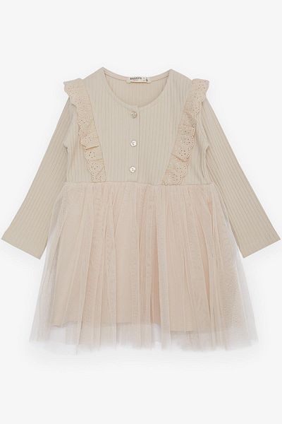 Breeze Beige Girl's Long Sleeve Tulle Embroidered Dress - 1.5-5 Years