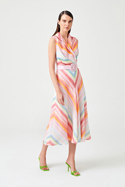 Jus De Pommes ÇOK RENKLİ KRUVAZE KEMERLİ MİDİ BOY ELBİSE