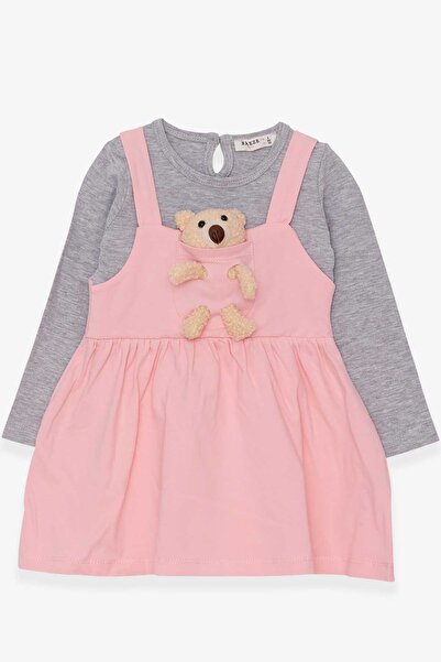Breeze فستان بناتي بأكمام طويلة مع إكسسوار دمية دب، العمر 2-6 سنوات، مسحوق