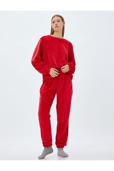 Koton Texturiertes Strick-Fleece-Pyjama-Oberteil mit Rundhalsausschnitt – elastische Manschette