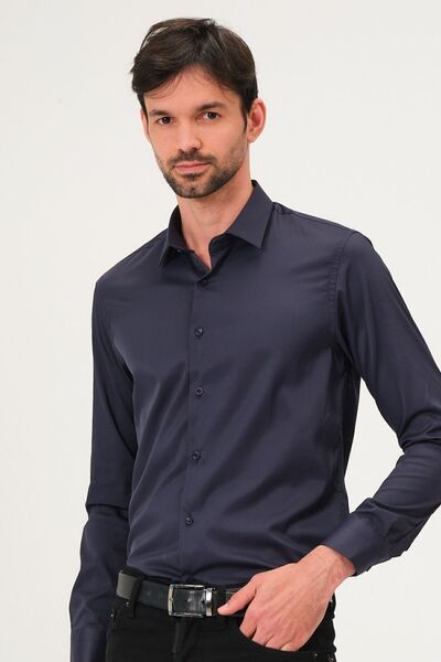 BAYEFENDİ Синя сатинова сорочка Slim Fit для чоловіків - у подарунковій коробці