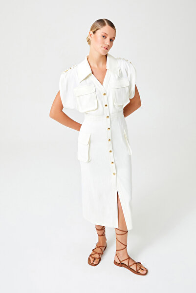 Jus De Pommes EKRU CEP DETAYLI ÖNÜ DÜĞMELİ MİDİ BOY ELBİSE