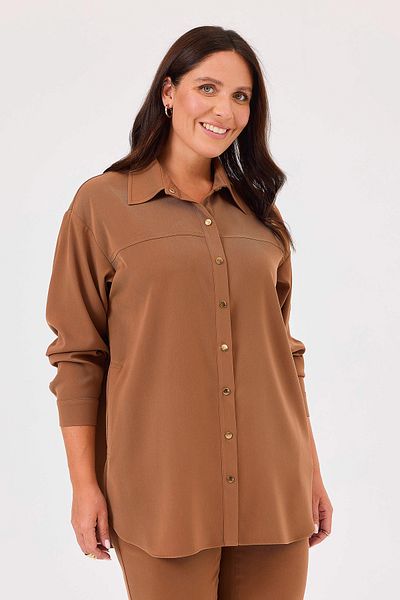 Gala-Xi Galaxi Plus Size Camel Shirt - Snap Button and Pocket 4029