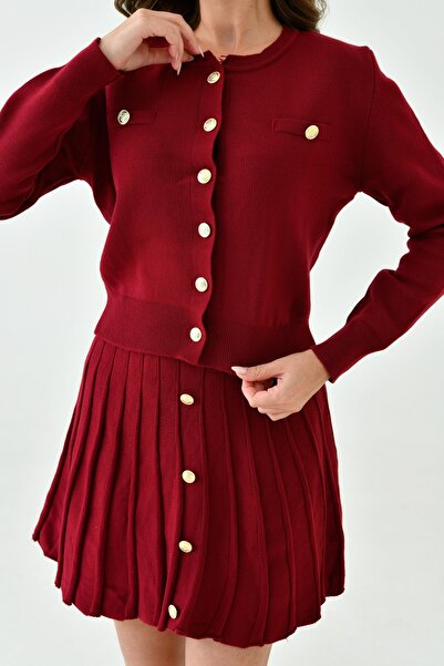 barış sülün lovebox Flexible Knitwear Women's Cardigan and Mini Skirt Set - Button Detailed, Claret Red 1150