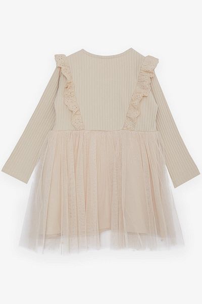 Breeze Beige Girl's Long Sleeve Tulle Embroidered Dress - 1.5-5 Years