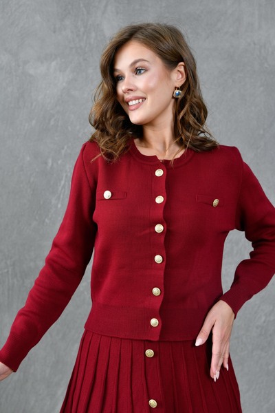 bayansepeti Claret Red Knitwear Stretchy Cardigan and Mini Skirt Set - Buttoned Design 1150