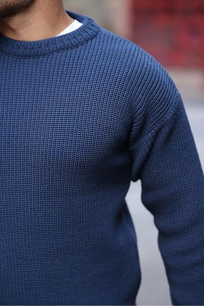 Valiberta Oversize Thessaloniki Braided Crew Neck Men's Sweater - Indigo