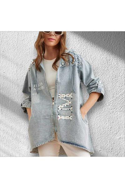 İnci Jeans Jacket with Stones and Hood