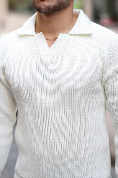 Valiberta Men's Knitwear Sweater - Oversize Shirt Collar, Thessaloniki Knitted, Ecru