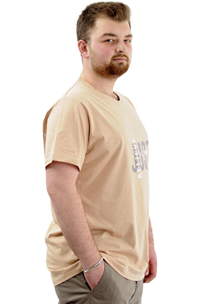 ModeXL Ανδρικό μπλουζάκι με λαιμόκοψη σε μεγάλο μέγεθος - Mode XL, Belıeve U24054 Beige