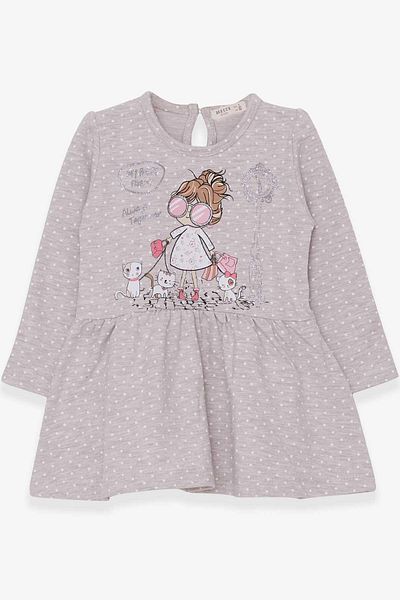 Breeze Girl's Long Sleeve Dress Glittery Printed Girl with Glasses 1-4 Years, Beige Melange