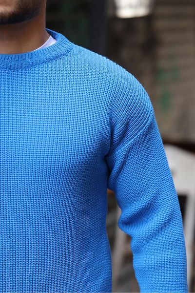 Valiberta Oversize Thessaloniki Braided Crew Neck Men's Knitwear Sweater - Light Blue