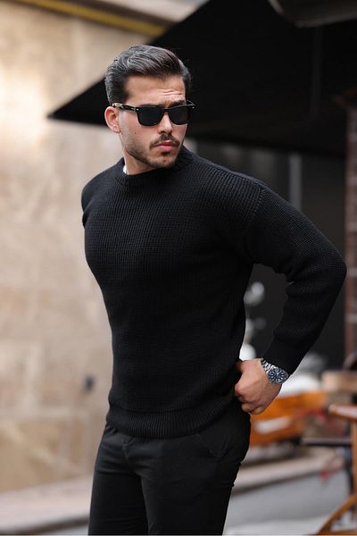 Valiberta Oversize Thessaloniki Braided Crew Neck Men's Knitwear Sweater - Black