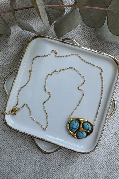 Generic Brand 50cm Steel Plate Necklace - Three Turquoises