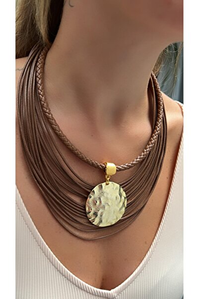 Kutcha Accessories Altın Disk Zarafeti: El Yapımı Çok Katmanlı Deri Kolye ve Bileklik Seti