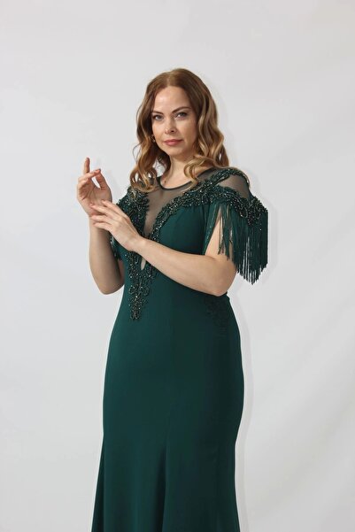 Moda Berray 80099 İşlemeli Püsküllü Büyük Beden Uzun Abiye Siyah