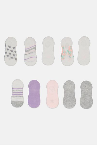 Danskin Kid Girls 10 Pairs Printed Socks, White Combo