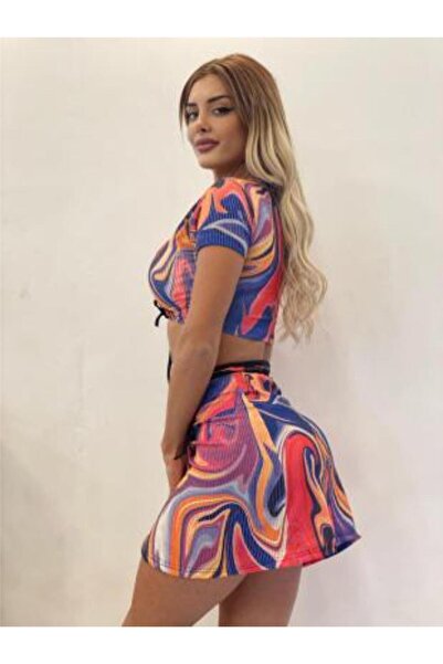 pink and pink Simli Kumaş Etekli Ikili Takım