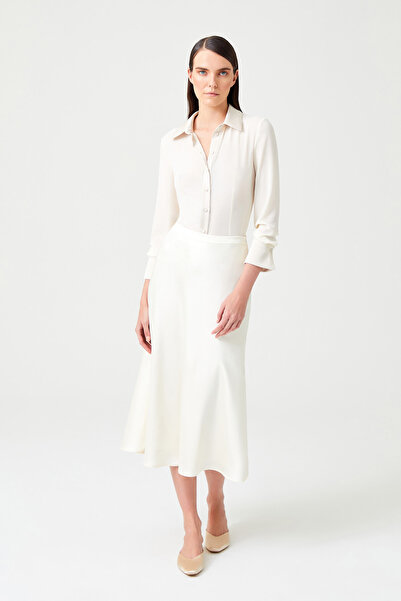 Jus De Pommes EKRU YÜKSEK BEL MİDİ BOY SATEN ETEK