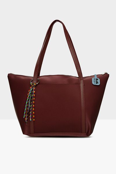Bagmori Claret Red Women's Colorful Tassel Detailed Satin Tote Bag m 000008174
