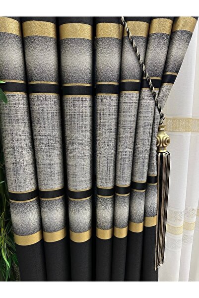 NİVEMESHOME Nivemeshome Melanesia - 1/3 πιο στενή πλισέ κουρτίνα φόντου με μαύρη-χρυσή ρίγα
