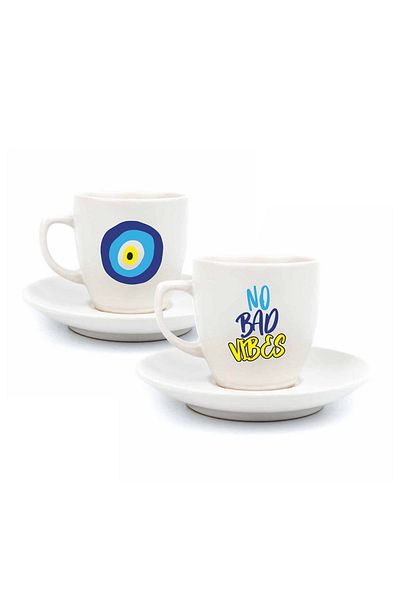 PALTO TASARIM No Bad Wibes 2-Person 4-Piece Cream Turkish Coffee Cup Set - Gift Coffee Cup Set