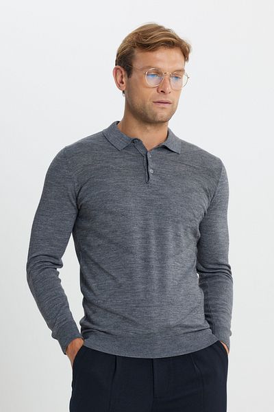 ALTINYILDIZ CLASSICS Warm Wool Standard Fit Regular Cut Polo Collar Jacquard Black Wool Knitwear
