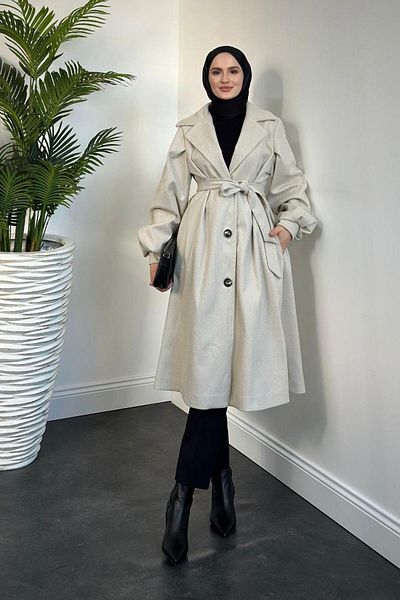MERVEN AKYÜZ Lianda Cream Mevlana Coat - Με κουμπί και επένδυση