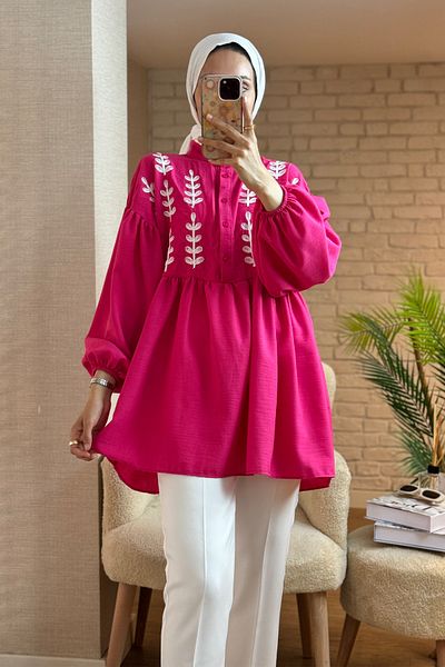Salih Çelebi 2036 Front Floral Embroidered Tunic - Fuchsia