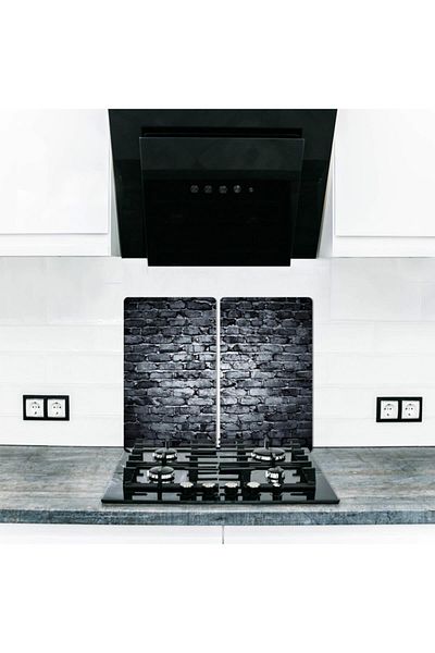 Saban 2-Piece 30X52 cm Glass Stove Protector Dark Stone for 4-Piece Stoves