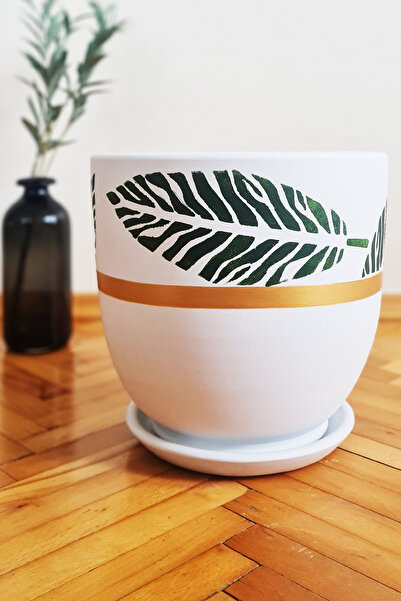 patili hayat Çömlek Saksı U Model Yaprak Desenli Beyaz Saksı Büyük Boy Tabakl...