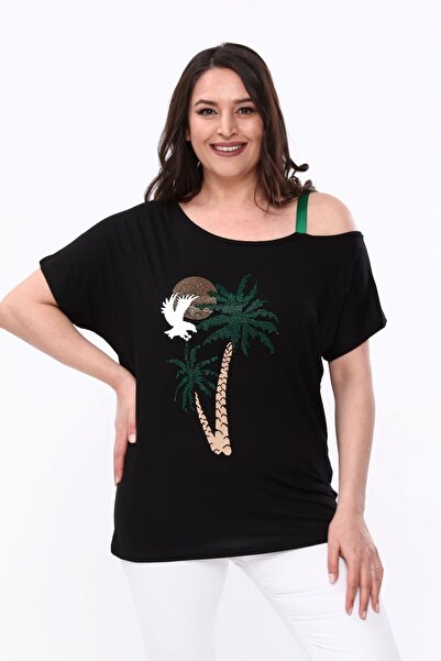 Ebsumu Γυναικεία Μαύρη Μπλούζα με One Shoulder Stone Plus Size