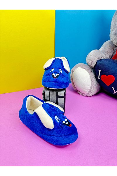 Nstil Saks Blue Girl's Boy's Slippers - Rabbit Figured Patterned, Flexible Sole Nursery Shoes 361